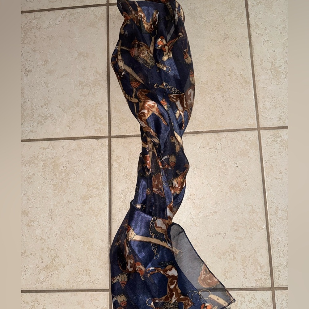 Vintage Equestrian Horse & Tassel Print Silk-Feel Scarf - Picture 7 of 7